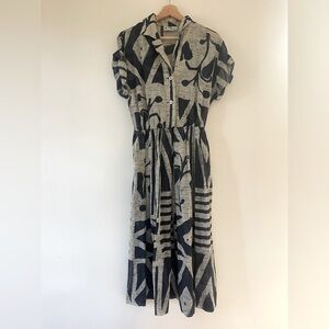 Vintage Willi of California Navy Blue and Beige Graphic Retro Midi Dress 80s 90s